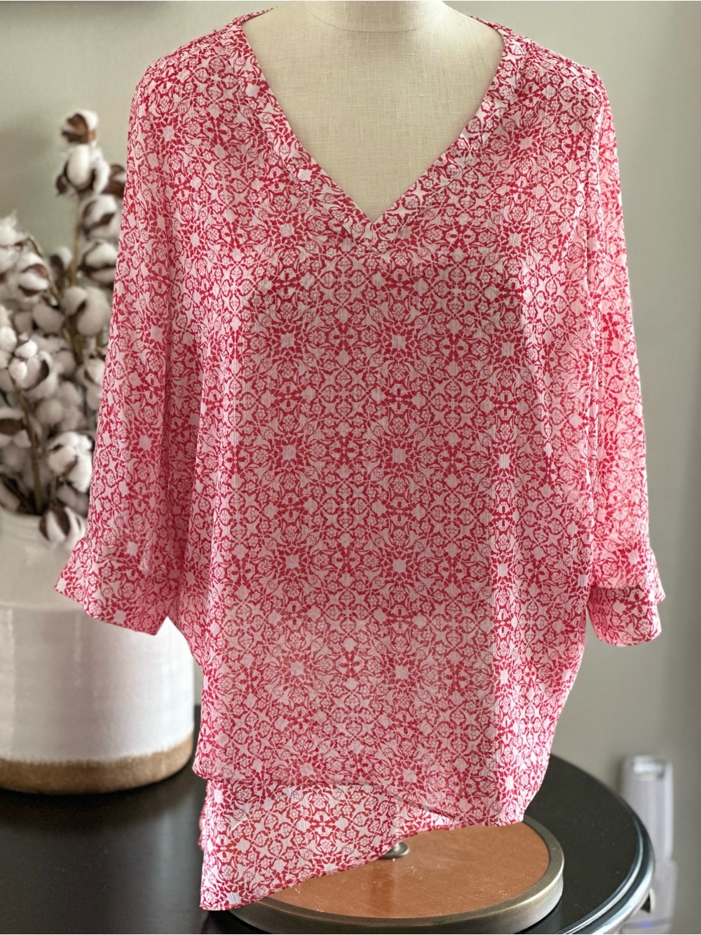 The Limited Poppy Red Geometric Print Blouse with Flowy Tapered Trim -M